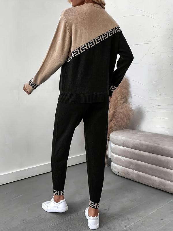 Two-piece Set Women's Colorblock Tape Sweater & Pants Set, Casual Drop Shoulder Long Sleeve Jumper & Trousers, Ladies Two-piece Outfits for Fall & Winter