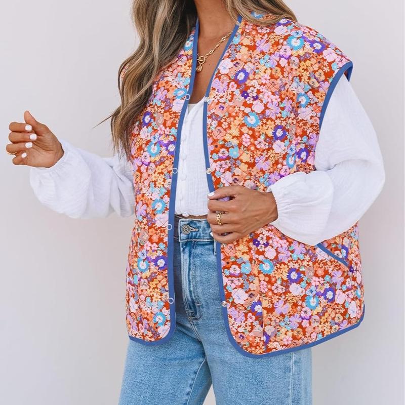 MEROKEETY Cap Sleeve Quilted Vest Floral Print Lightweight Sleeveless Open Front Cardigan Outwear