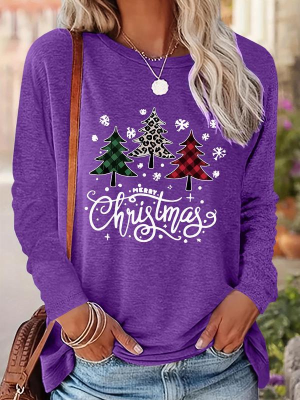 Women's Christmas Tree & Letter Print Drop Shoulder Tee, Casual Long Sleeve Round Neck Pullover for Daily Wear, Ladies Fall & Winter Clothes