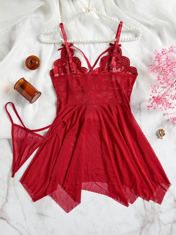 Plus Size Contrast Lace Bow Decor Mesh Sexy Costumes Two-Piece Set, Adjustable Strap Asymmetrical Hem Scallop Trim Nightgown & Thong Set, Women's Sleepwear Set for All Seasons