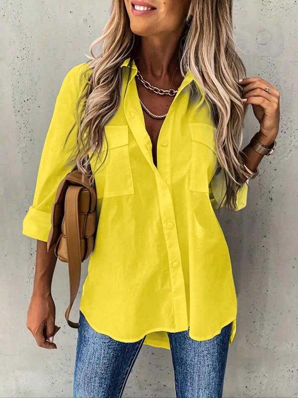 Women's Plain Button Front Pocket Shirt, Casual Drop Shoulder Long Sleeve Blouse Top for Spring & Fall, Women's Clothing for Daily Wear