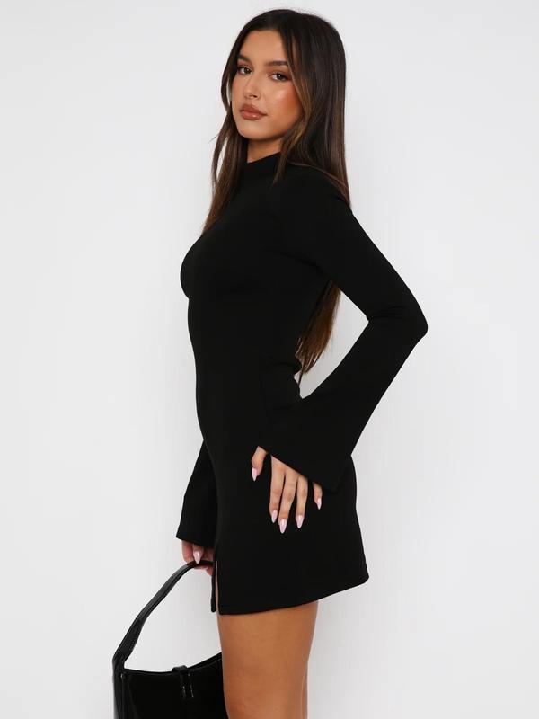 Women's Plain Flounce Sleeve Split Thigh Bodycon Dress, Y2K Fashion Long Sleeve Mock Neck Short Dress for Party Club Dating Wear, Women Dress for All Seasons