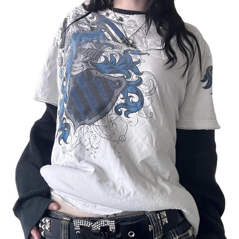 Women Fairy Grunge Gothic Shirt Long Sleeve Skull Print Baggy T Shirts Y2k Vintage Loose Shirt