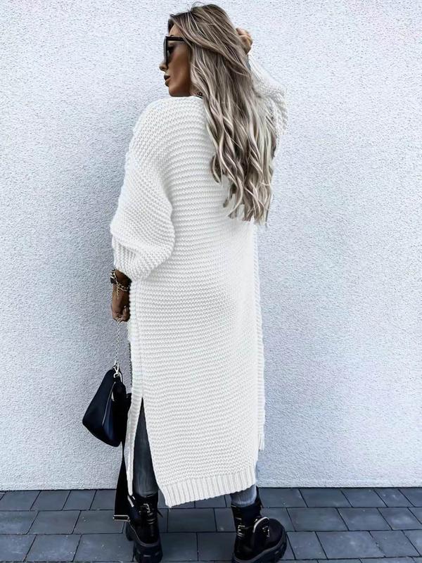 Women's Solid Color Split Hem Drop Shoulder Long Cardigan, Casual Open Front Long Sleeve Knitwear for Fall & Winter, Women's Knit Clothing for Daily Wear