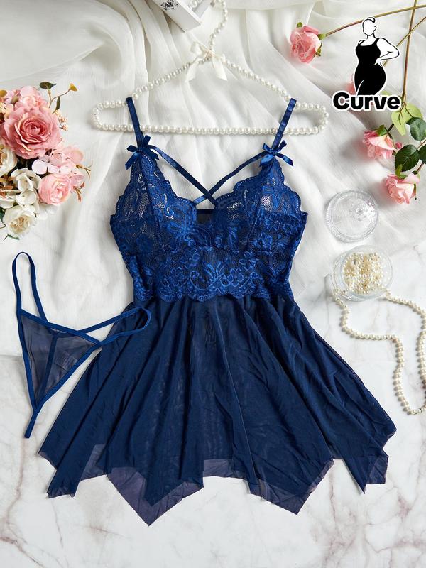 Plus Size Contrast Lace Bow Decor Mesh Sexy Costumes Two-Piece Set, Adjustable Strap Asymmetrical Hem Scallop Trim Nightgown & Thong Set, Women's Sleepwear Set for All Seasons