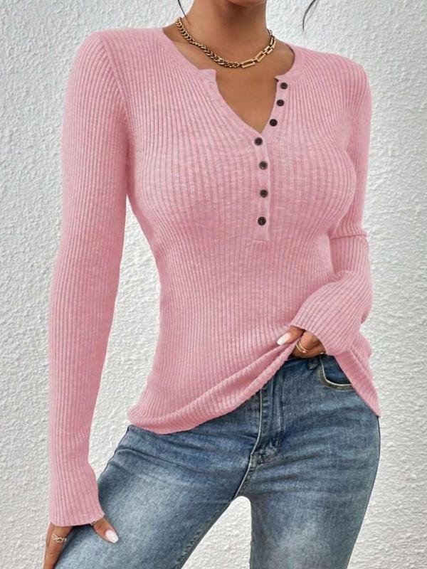 Women's Plain Button Front Ribbed Sweater, Elegant Long Sleeve Round Neck Jumper for Fall & Winter, Fashion Ladies' Knitwear for Daily Wear, Fall Sweaters, Sweater for Women