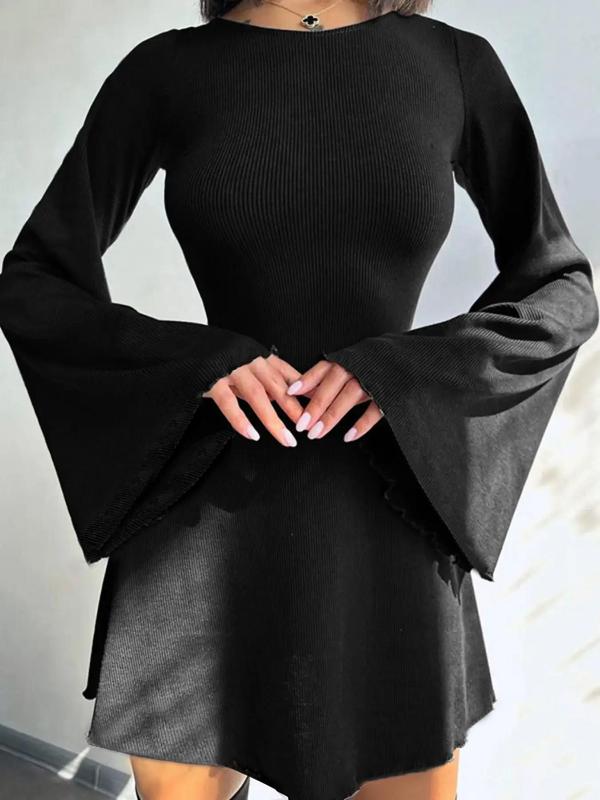 Women's Lace Up Flounce Sleeve A Line Dress, Vintage Girly Clothes  Lady Casual Wear Round Neck Mini Dress, Basic Longsleeves Womenswear, Going Out Outfits, Women's Clothing