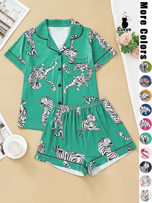 Plus Size Two-piece Set Animal Print Contrast Binding Lapel Sleep Shirt & Shorts Pyjama Set, Pajama Sets Women, Plus Casual Button Front Short Sleeve Top & Shorts Pj Set, Back To School Wear, Lounge Set, Women's Fall Plus Sleepwear