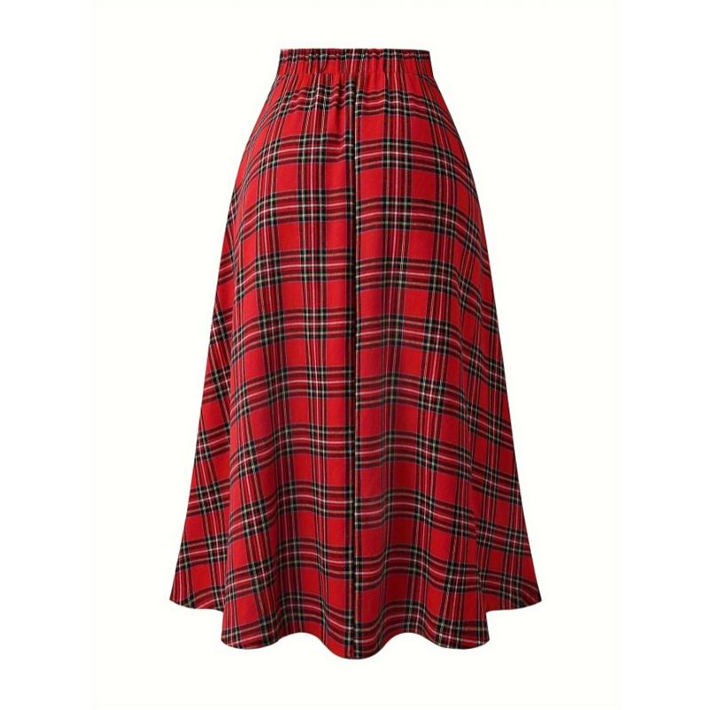 Elegant Women's Christmas Plaid A-Line Midi Skirt - Polyester, Machine Washable, Non-Sheer for Fall Winter