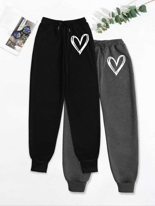 Women's Heart Print Drawstring Waist Sweatpants, Casual Pocket Jogger Pants for Fall & Winter, Women's Trousers for Daily Wear