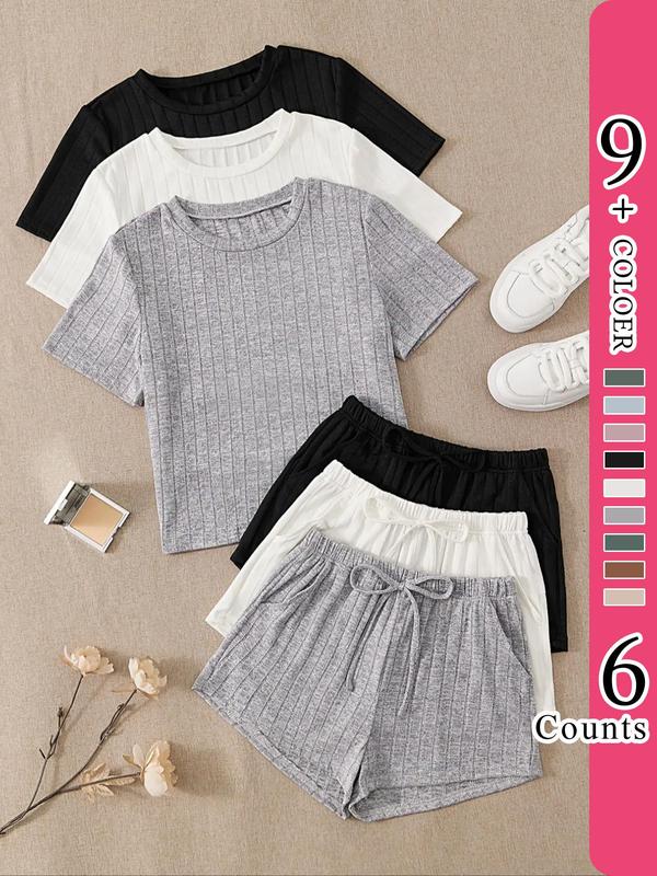 Women's Plain Round Neck Tee & Knot Front Elastic Waist Shorts with Pocket Loungewear Set, Summer Wear 2024, Casual Soft Back To School Pyjama Set for Daily Home Wear, Ladies Summer Sleepwear Set, Summer Clothes