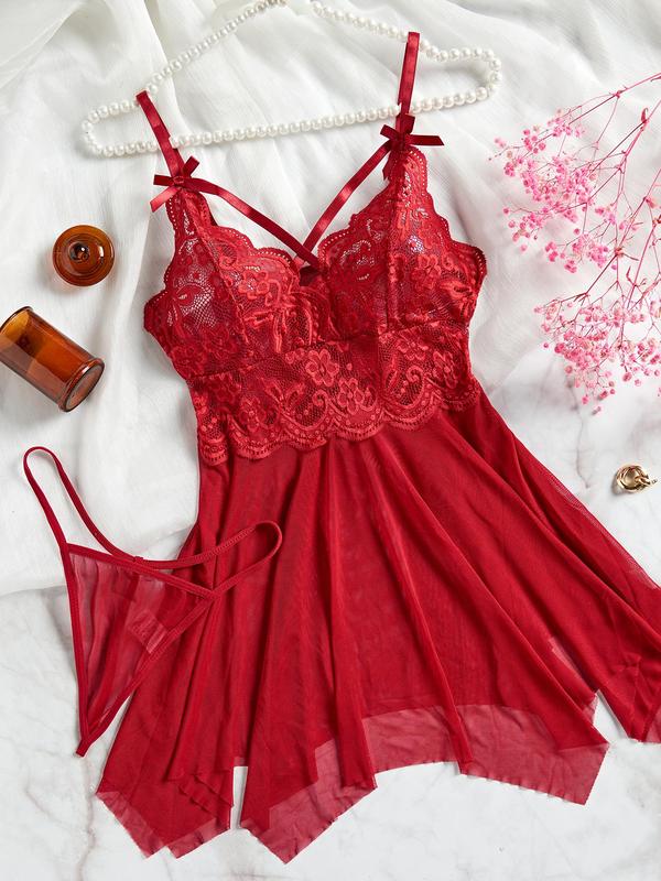 Plus Size Contrast Lace Bow Decor Mesh Sexy Costumes Two-Piece Set, Adjustable Strap Asymmetrical Hem Scallop Trim Nightgown & Thong Set, Women's Sleepwear Set for All Seasons