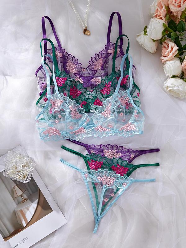 Women's Floral Embroidery Sheer Sexy Lingerie Set, Adjustable Strap Bra & Thong Set for All Seasons, Soft Comfy Breathable Sexy Lingerie Set for Women, Vacation Wear