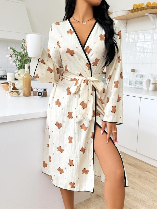 Women's Cartoon Bear Print Contrast Binding Belted Robe, Casual Long Sleeve Flounce Sleeve Open Front Robe, Ladies Sleepwear for All Seasons, Summer Wear 2024, Loungewear for Women