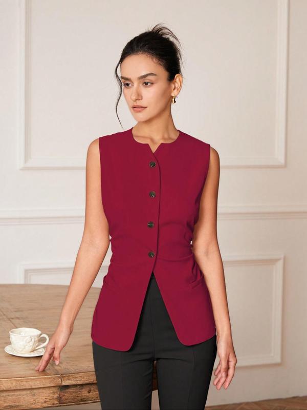 Women's Solid Color Notched Neck Button Front Vest Blazer,  Going Out Tops, Casual Sleeveless Outerwear for Work Office Business, Ladies Clothes for All Seasons