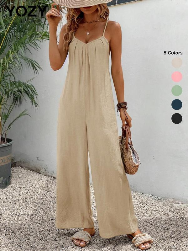 YOZY [5 Colors] Boho V Neck Pocket Wide Leg Jumpsuit  Plain Plicated Cami Jumpsuit, 2024 Women's Summer Outfits for Daily Wear