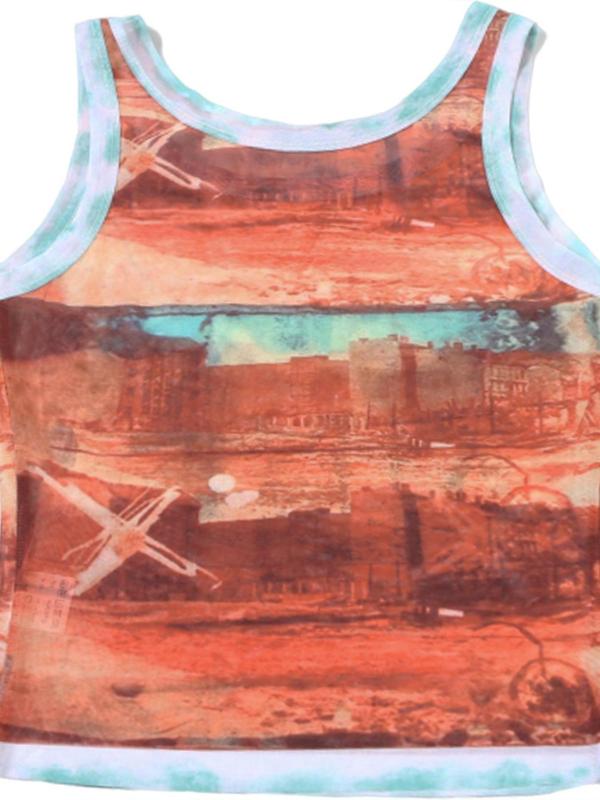 Women's Landscape Print Contrast Binding Crop Tank Top, Street Fashion Casual Sleeveless Round Neck Top for Daily Outdoor Wear, Ladies Clothes for Summer