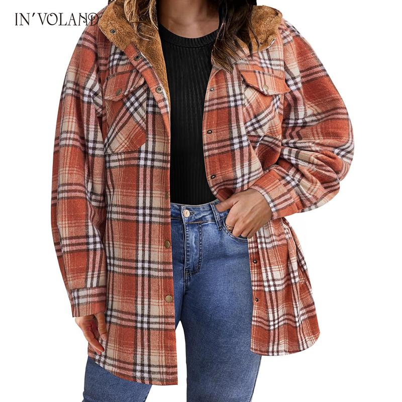 Holiday haul IN'VOLAND Plus Size Women Flannel Plaid Shacket Jacket Long Sleeve Button Down Fleece Hooded Jackets Fall Winter Coat Casual Cotton Fabric Womenswear Basic Bodycon