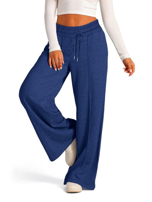 Women's Solid Drawstring Waist Wide Leg Sweatpants, Casual Pocket Trousers for Fall & Winter, Women's Bottoms for Daily Wear