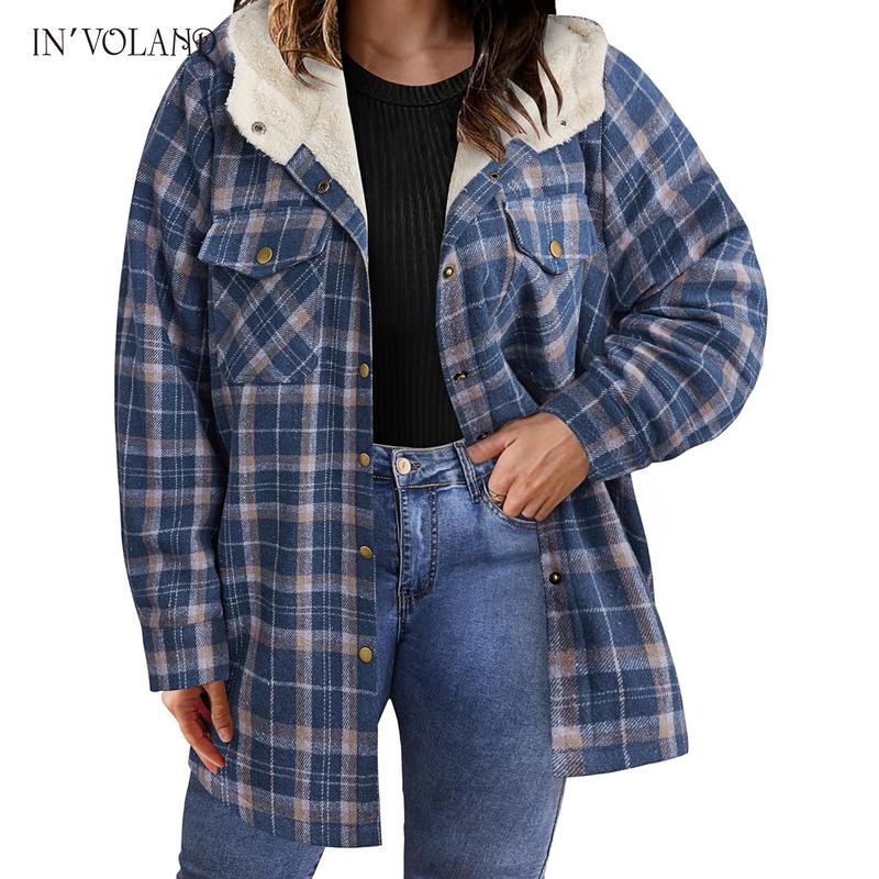 Holiday haul IN'VOLAND Plus Size Women Flannel Plaid Shacket Jacket Long Sleeve Button Down Fleece Hooded Jackets Fall Winter Coat Casual Cotton Fabric Womenswear Basic Bodycon