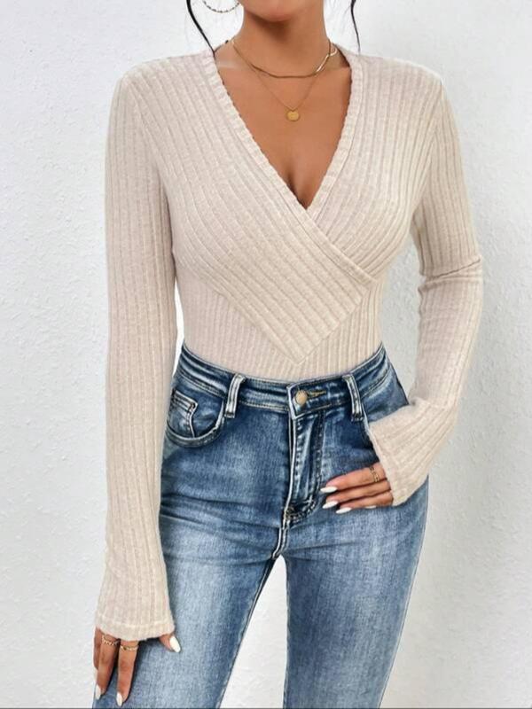 Women's Plain Wrap V Neck Ribbed Bodysuit, Casual Long Sleeve Bodysuit for Daily Wear, Ladies Clothes for Spring & Fall