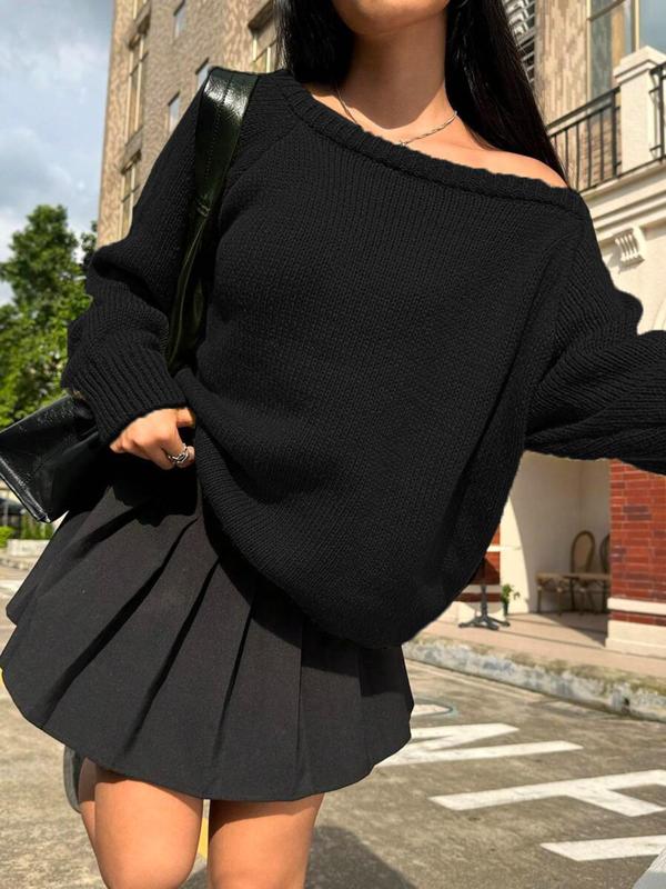 Women's Solid Raglan Sleeve Boat Neck Sweater, Casual Long Sleeve Jumper for Fall & Winter, Fashion Ladies' Knitwear for Daily Wear, Fall Sweaters, Sweater for Women