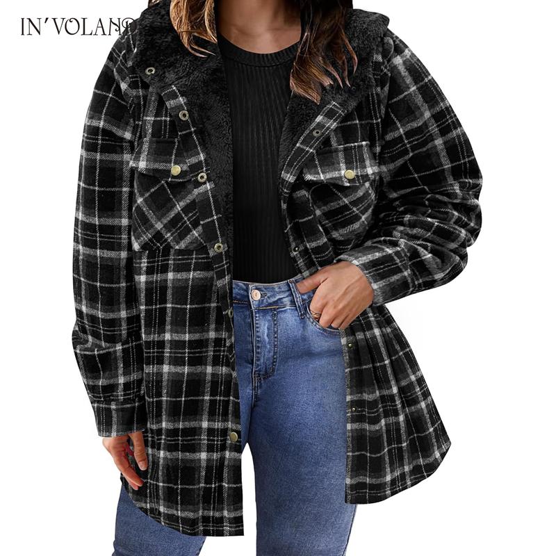 Holiday haul IN'VOLAND Plus Size Women Flannel Plaid Shacket Jacket Long Sleeve Button Down Fleece Hooded Jackets Fall Winter Coat Casual Cotton Fabric Womenswear Basic Bodycon