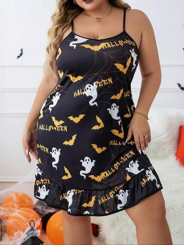  Contrast Binding Ruffle Hem Cami Nightdress, Cute Casual Halloween Themed Cartoon Ghost Print Spaghetti Strap Nightgown for All Seasons, Women's Plus Sleepwear for Daily Wear