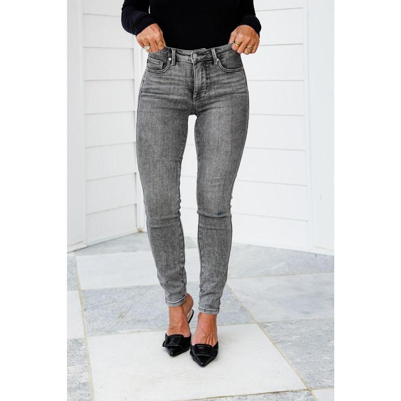 Judy Blue Smoke Show Mid Rise Grey Tummy Control Skinny Jeans with Shield Pockets