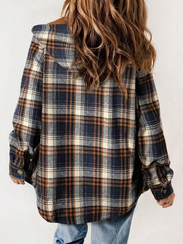 Women's Plaid Print Button Front Drop Shoulder Jacket, Casual Long Sleeve Collared Pocket Outerwear for Fall & Winter, Ladies Clothes for Daily Wear Coats