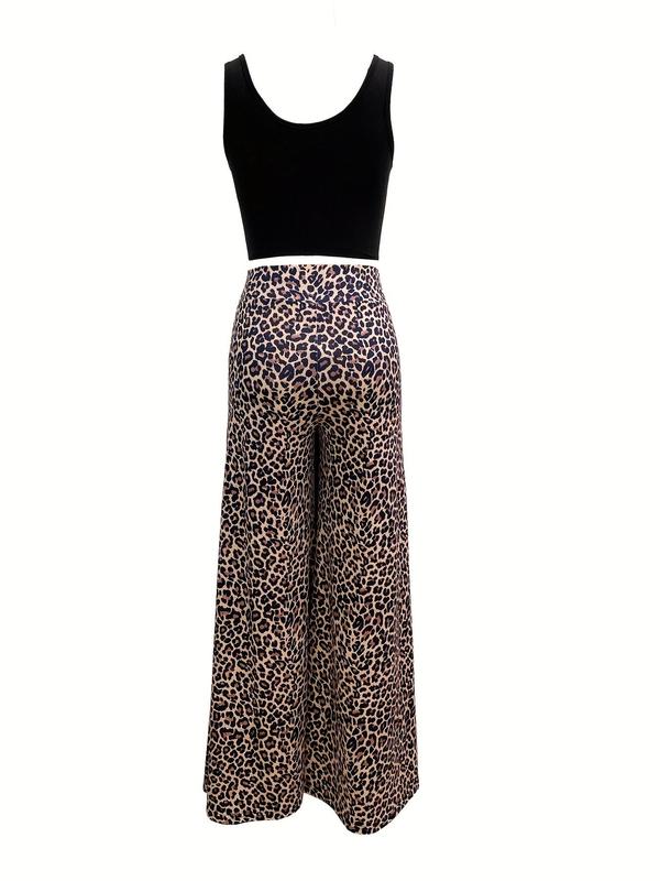 Women's Leopard Print Pants Set, Casual Scoop Neck Crop Tank Top & Random & High Waist Wide Leg Pants, Ladies Summer Clothes