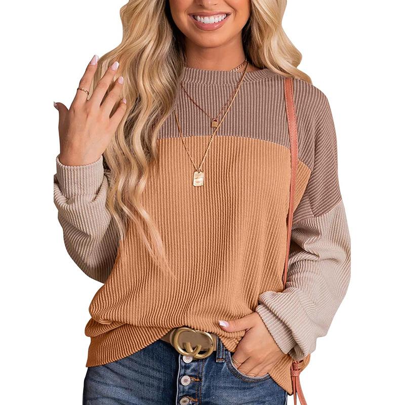 Womens Fashion Color Block Long Sleeve Crewneck Knitted Casual Loose Pullover Shirts Tops Spring Womenswear Denim Elastic