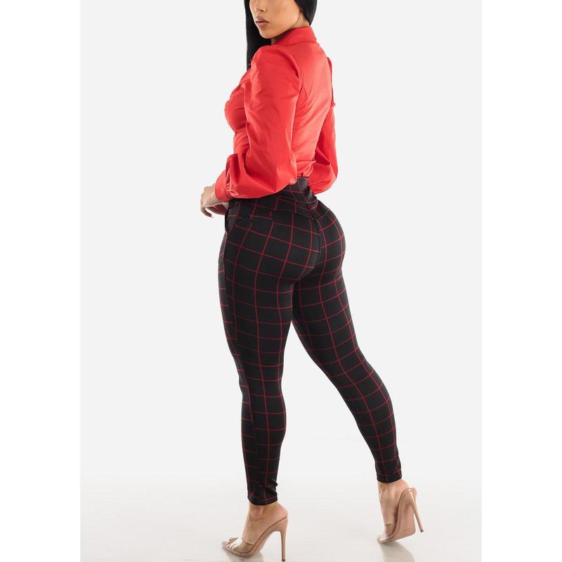 Black High Waisted Butt Lifting Skinny Pants Windowpane