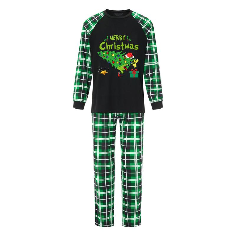 Green Christmas Pajamas for Family Funny Elf Stole Tree Print Long Sleeve Tops + Trousers Set Holiday Nightwear