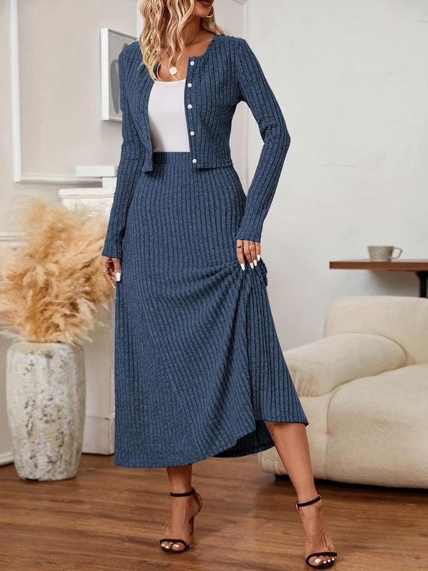 Two-piece Set Women's Solid Button Front Crop Jacket & Elastic Waist Skirt, Casual Long Sleeve Outerwear & High Waist Long Skirt for Fall & Winter, Women's Clothes for Daily Wear, 2 Piece Sets Women, Fall Clothing Women