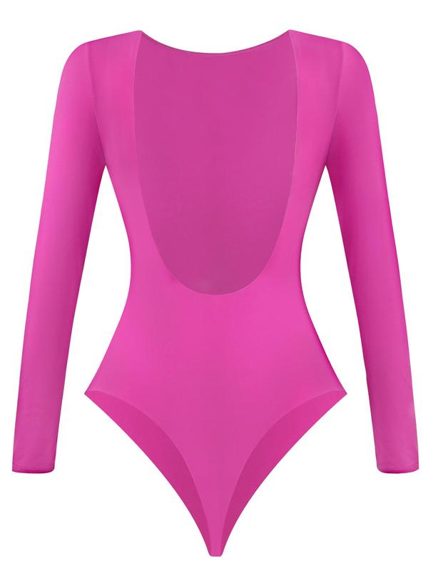 Women's Solid Backless Sports Bodysuit, Casual Comfy Breathable Long Sleeve Round Neck Bodysuit for Yoga Gym Workout, Ladies Sportswear for Summer, Tummy Control