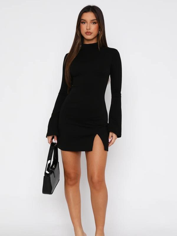 Women's Plain Flounce Sleeve Split Thigh Bodycon Dress, Y2K Fashion Long Sleeve Mock Neck Short Dress for Party Club Dating Wear, Women Dress for All Seasons