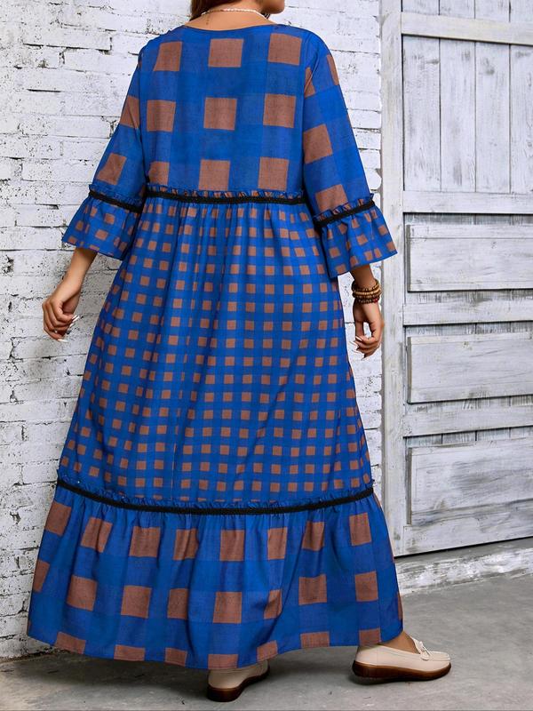  Women's Plaid & Striped Print Frill Trim Flounce Sleeve Dress, Elegant Long Sleeve Round Neck A Line Dress for Daily Outdoor Wear, Women's Clothing for All Seasons Moo Moo Dresses