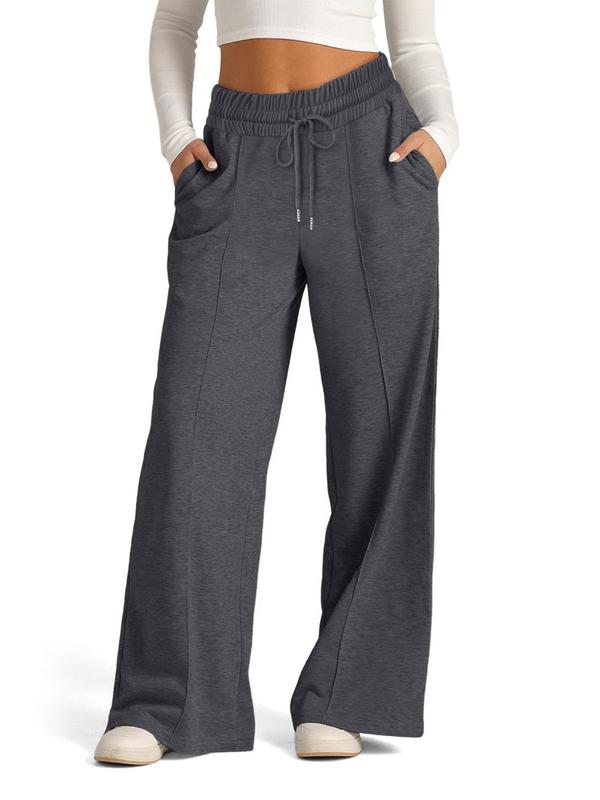 Women's Solid Drawstring Waist Wide Leg Sweatpants, Casual Pocket Trousers for Fall & Winter, Women's Bottoms for Daily Wear