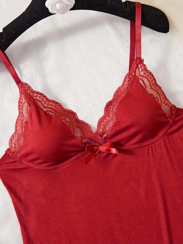 Women's Contrast Lace Hem Cami Nightdress & Sheer Bra & Panty Sexy Three-piece Set, Adjustable Spaghetti Strap Split Hem Nightgown & Bow Decor Bra & Open Crotch Panty Set, Women's Sleepwear for All Seasons