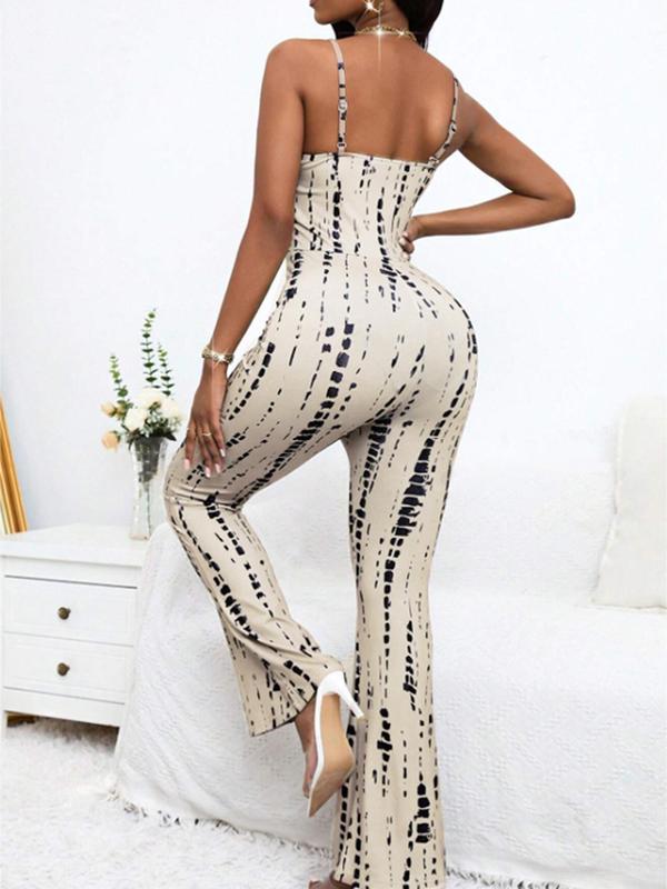 Women's All Over Print Scoop Neck Cami Jumpsuit, Casual Adjustable Strap Flare Leg Jumpsuit for Summer, Women's Clothing for Daily Wear