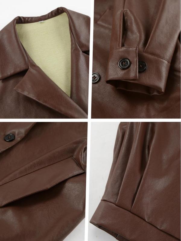 Women's Solid Double Button Pocket Lapel PU Leather Coat, Street Fashion Casual Drop Shoulder Long Sleeve Outerwear for Daily Outdoor Wear, Women Clothing for Fall & Winter