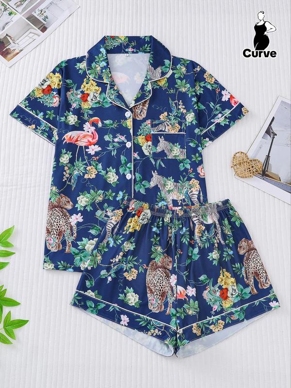 Plus Size Two-piece Set Animal Print Contrast Binding Lapel Sleep Shirt & Shorts Pyjama Set, Pajama Sets Women, Plus Casual Button Front Short Sleeve Top & Shorts Pj Set, Back To School Wear, Lounge Set, Women's Fall Plus Sleepwear