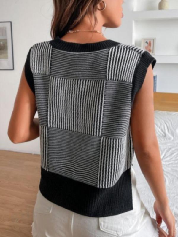 Women's Patchwork Striped Print Contrast Binding Sweater Vest, Casual V Neck Sleeveless Knitwear Top for Fall & Winter, Ladies Clothes for Daily Wear