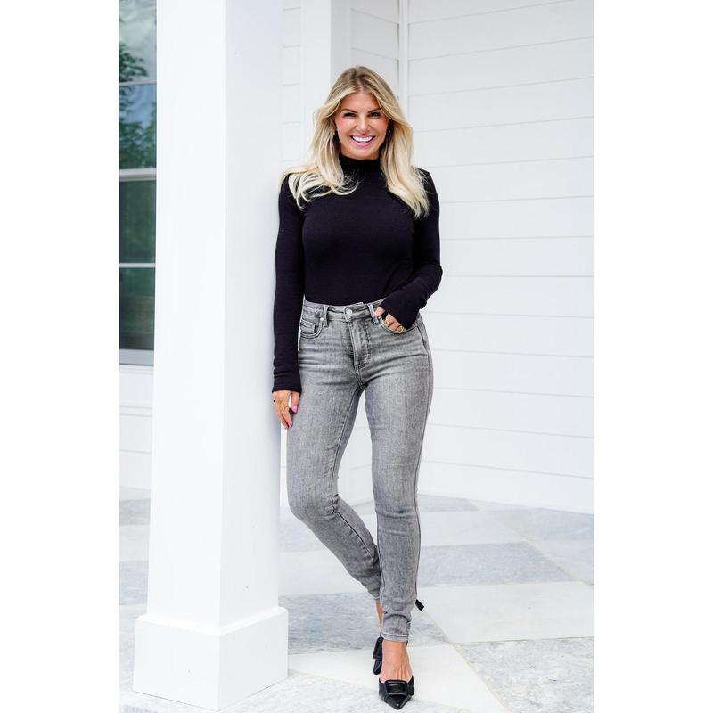 Judy Blue Smoke Show Mid Rise Grey Tummy Control Skinny Jeans with Shield Pockets