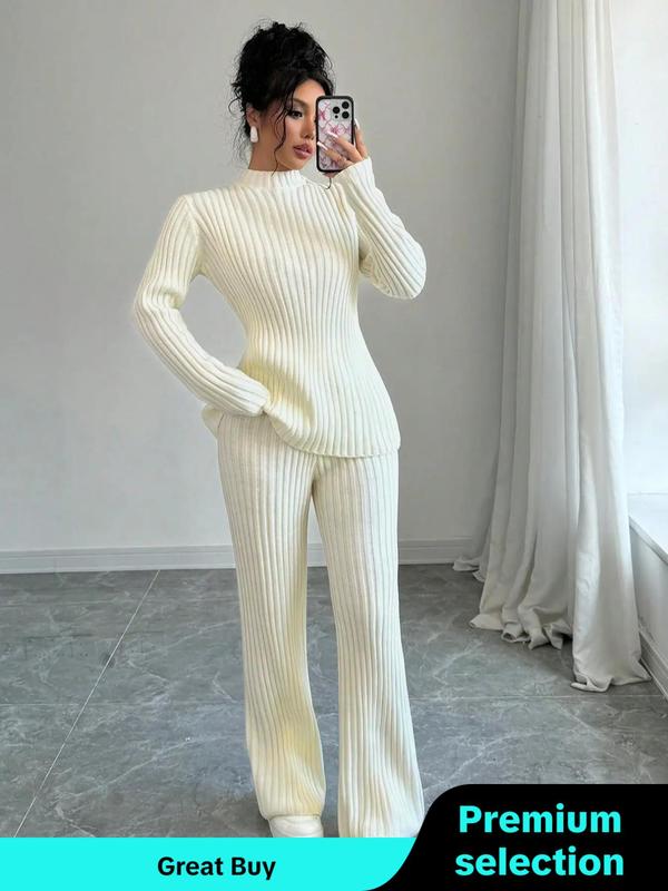 Two-piece Set Women's Solid Mock Neck Sweater &ribbed  Pants, Casual Long Sleeve Jumper & Trousers for Fall & Winter, Women's Clothes for Daily Wear