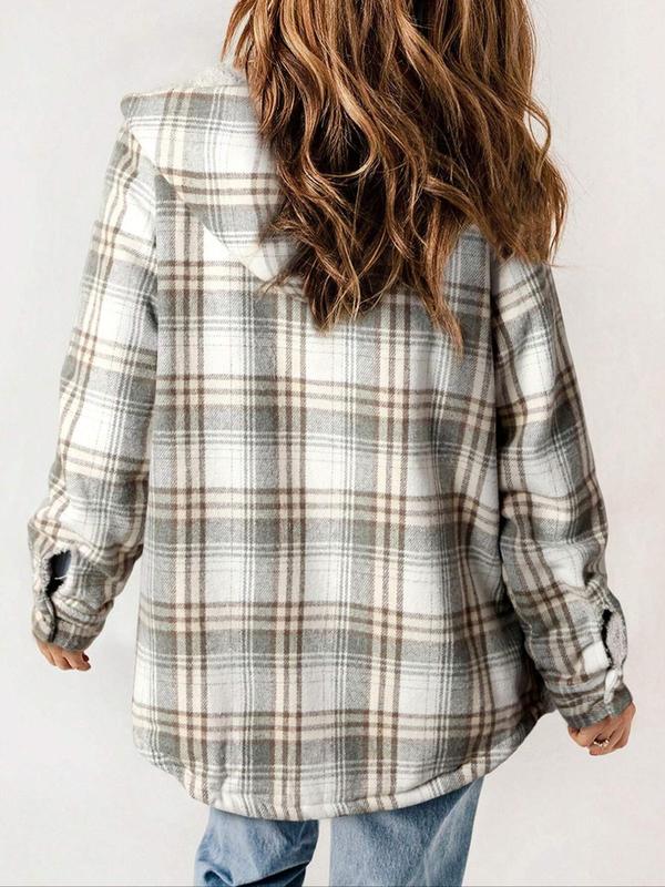 Women's Plaid Print Button Front Drop Shoulder Jacket, Casual Long Sleeve Collared Pocket Outerwear for Fall & Winter, Ladies Clothes for Daily Wear Coats