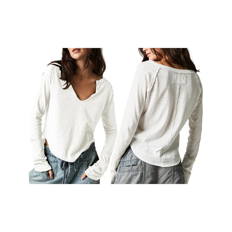 Casual Women Autumn Solid Color Long Sleeve V Neck Pullover Loose Blouse Top Soft Long-Sleeved Women's T-Shirt With V-Neck size