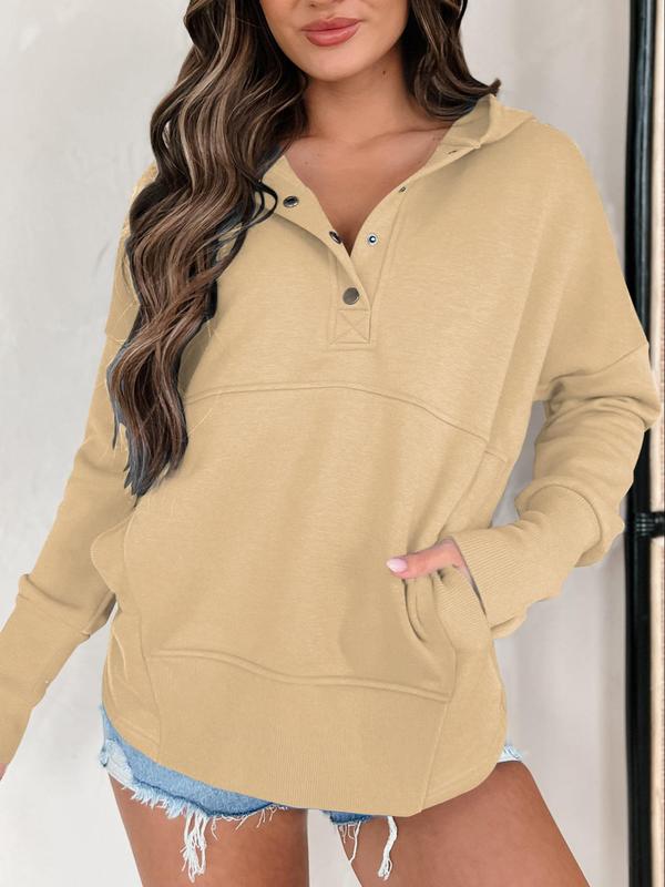 Women's Plain Pocket Button Drop Shoulder Hoodie, Casual Long Sleeve Hooded Pullover for Daily Wear,  Hoodies for Women,  Ladies Clothes for Fall