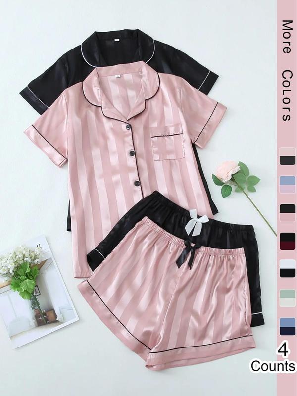 Four Pieces Women's Striped Jacquard Contrast Binding Satin Pyjama Set, Casual Pocket Button Lapel Shirt & Bow Decor Pj Shorts, Back To School Clothes, Fall Clothes, Ladies Sleepwear for All Seasons, Wear Para Brunch